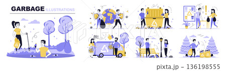 Garbage concept set in flat web design. Collection with people cleaning park, picking trash, sorting waste, recycling and helping planet nature. Flat vector illustration isolated on white background. 136198555