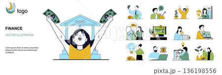 Finance concept with character situations mega set in flat web design. Bundle of scenes people using online bank services, savings money, accounting and controlling balance. Vector illustrations. 136198556