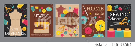 Sewing atelier typography template posters. Vertical covers with mannequin, threads, needles, machine, pins, scissors, other tailor sings. Modern banners set in minimalism design. Vector illustration. 136198564