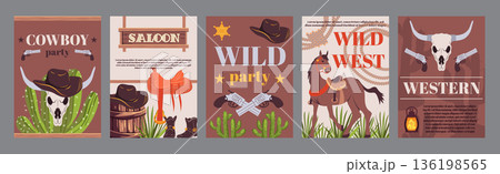 Cowboy party typography template posters. Vertical covers with cow skull, cactus, revolvers, saddle, barrel, horse, other western signs. Modern banners set in minimalism design. Vector illustration. 136198565
