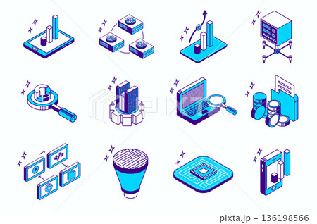 Big data analysis concept 3d isometric icons set for web isometry design. Collection elements of statistics charts, computing hardware system, research, diagram, storage, more. Vector illustration. 136198566