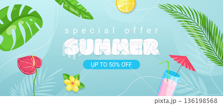 Summer horizontal sale banner. Shopping promotion poster template with tropical palm tree and monstera leaves, calla lily and hibiscus flowers, beach soft cocktail, lemon slice. Vector illustration. 136198568