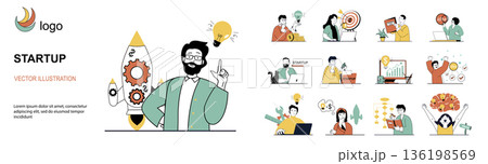 Startup concept with character situations mega set in flat web design. Bundle of scenes people generating ideas, developing new company with investments, achieving company goals. Vector illustrations. 136198569