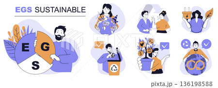 ESG sustainable concept set in flat web design. People in isolated scenes doing responsibility businesses with circular economy, environmental protection and waste recycling. Vector illustrations. 136198588