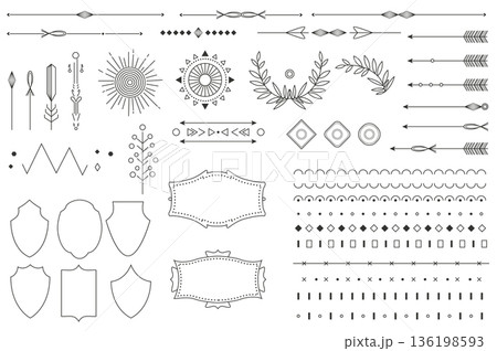 Vintage line set elements in flat graphic design. Collection of dividers and frames, arrows, linear laurel and flourish borders, classic ornate vignette, emblem shapes and other. Vector illustration. 136198593