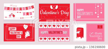 Valentines Day cover typography templates set for social media. Greeting cards design with flag garland, bird couple kissing, wings heart, cute cupid with balloon, love mailbox. Vector illustration. 136198600