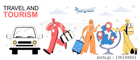 Travel and tourism concept in flat cartoon design for web banner. People with luggage or backpack flying in global trip or riding by car, visiting new countries with sightseeing. Vector illustration. 136198601
