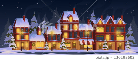 Christmas houses at street background for banner design. Festive home facades view with lights windows, wreath at doors, snowy pine trees and lanterns at winter night. Vector cartoon illustration 136198602