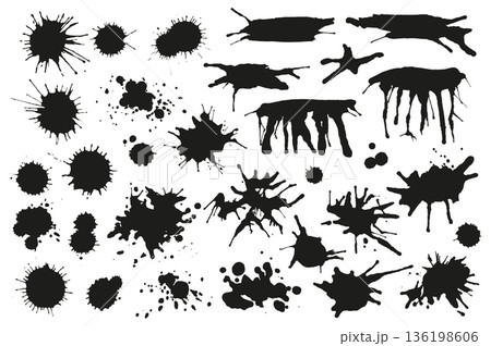 Black ink drops and splashes set elements in flat graphic design. Bundle objects of grunge stains and drips, messy paintbrush blots, grainy splattered texture, dirty paint spots. Vector illustration. Black ink drops and splashes set elements in flat graphic design. Bundle objects of grunge stains and drips, messy paintbrush blots, grainy splattered texture, dirty paint spots. Vector illustration. 136198606