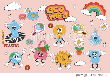 Eco vintage groovy set elements in flat graphic design. Collection of rainbow, daisy, light bulb, save Earth, water drop, less plastic, globe, vegetables in shopping bag, other. Vector illustration. Eco vintage groovy set elements in flat graphic design. Collection of rainbow, daisy, light bulb, save Earth, water drop, less plastic, globe, vegetables in shopping bag, other. Vector illustration. 136198608