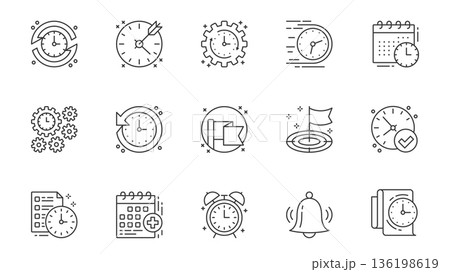 Scheduling icons set in outline stroke design for web. Pack line pictograms with time management, target, fast process, deadline, calendar, planning schedule, countdown, other. Vector illustration. Scheduling icons set in outline stroke design for web. Pack line pictograms with time management, target, fast process, deadline, calendar, planning schedule, countdown, other. Vector illustration. 136198619
