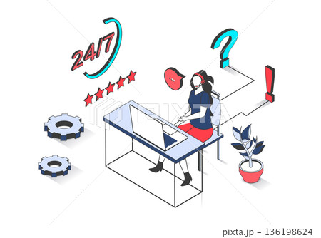 Technical support 3d isometric concept with isometry people design for web. Woman in headset answering calls and online messages, consulting clients and solving tech problems. Vector illustration. 136198624