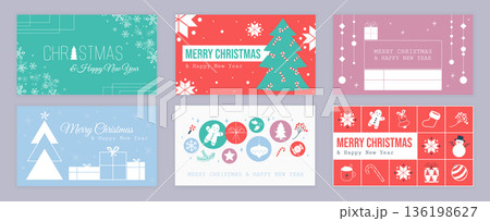 Merry Christmas cover template for social media. Xmas greeting cards with abstract decorative snowflakes, festive fir tree with candy canes, gifts, gingerbread, toys and balls. Vector illustration. 136198627