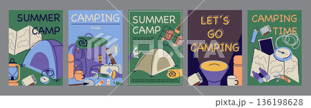 Summer camping typography template posters. Vertical covers with camp tent, travel map, compass, flashlight, other expedition equipment. Modern banners set in minimalism design. Vector illustration. Summer camping typography template posters. Vertical covers with camp tent, travel map, compass, flashlight, other expedition equipment. Modern banners set in minimalism design. Vector illustration. 136198628