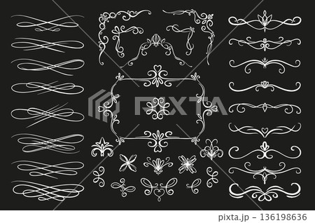 Vintage decoration frames set elements in flat graphic design. Bundle objects of decorative swirl page dividers and vignette borders with flourish ornaments in classic victorian. Vector illustration. Vintage decoration frames set elements in flat graphic design. Bundle objects of decorative swirl page dividers and vignette borders with flourish ornaments in classic victorian. Vector illustration. 136198636