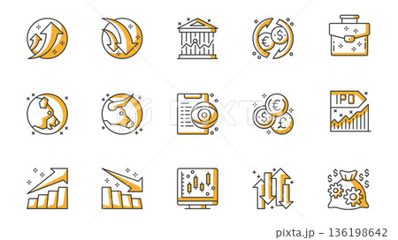 Stock quotes icons set in outline stroke design for web. Pack line pictograms with increase, decrease, exchange currency, investment portfolio, bear, bull, watch list, other. Vector illustration. 136198642