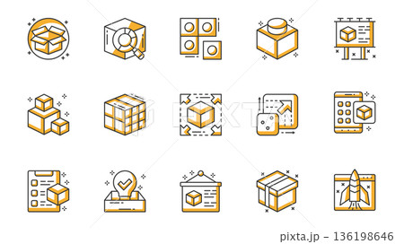 Abstract product icons set in outline stroke design for web. Pack line pictograms with box package, research, module, component, advertising presentation, item scalable, other. Vector illustration. 136198646