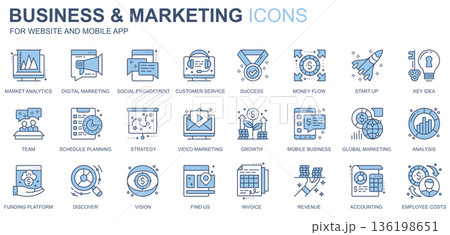 Business and marketing web icons set in duotone line design. Pack of market analysis, social engagement, customer service, success, money, startup, other outline stroke pictograms. Vector illustration Business and marketing web icons set in duotone line design. Pack of market analysis, social engagement, customer service, success, money, startup, other outline stroke pictograms. Vector illustration 136198651