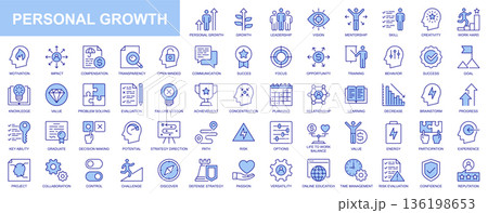 Personal growth web icons set in duotone outline stroke design. Pack pictograms with leadership, vision, mentor, skill, creativity, work hard, motivation, compensation, open mind. Vector illustration. 136198653