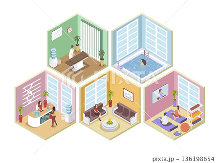 Wellness center 3d isometric rooms concept in isometry graphic design for web. People registering at reception hall, doing yoga, swimming in pool, get massage procedure in spa. Vector illustration. Wellness center 3d isometric rooms concept in isometry graphic design for web. People registering at reception hall, doing yoga, swimming in pool, get massage procedure in spa. Vector illustration. 136198654