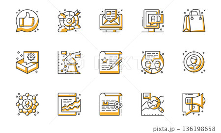 Marketing icons set in outline stroke design for web. Pack line pictograms with like feedback, target, email, advertisement, shopping, strategy, communication, megaphone, other. Vector illustration. 136198658