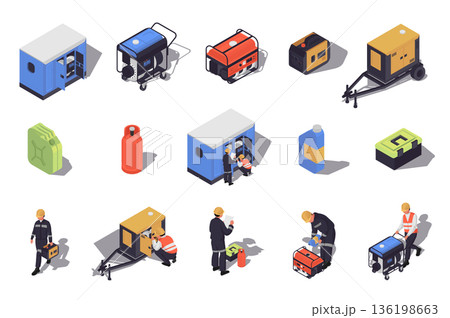 Generators maintenance 3d isometric mega set in flat design. Collection isometry elements of different types of portable electric power generators, canisters, technicians, other. Vector illustration. 136198663