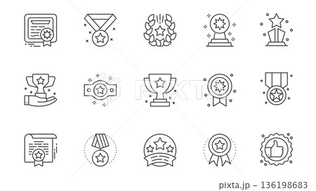 Achievement icons set in outline stroke design for web. Pack line pictograms with diploma, medal, laurel wreath, trophy award, prize, badge, golden cup, success, winning, other. Vector illustration. 136198683