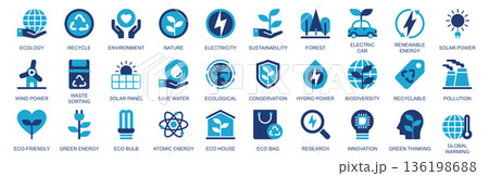 Ecology icon set in flat duotone solid icons web design. Pack pictograms with recycle, environment, nature, electricity, sustainability, forest, electric car, renewable, other. Vector illustration. 136198688