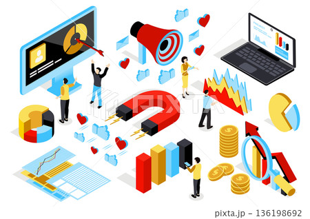 Marketing strategy 3d isometric mega set in isometry graphic design. Collection elements of data analysis, charts, target, megaphone, laptop, statistics, magnet, content, other. Vector illustration. 136198692