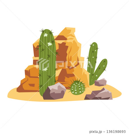 Desert landscape in flat design. Green cactuses and grass by rocks and stones. Vector illustration isolated. 136198693