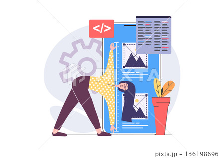 Web development concept in modern flat design for web. Woman developing and programming layout interface, engineering digital project for mobile phone, making settings on screen. Vector illustration. 136198696