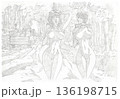 Pencil sketch of two sexy backpacker women walking in coffee plantation 136198715