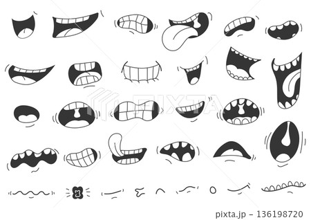Smile mouths mega set elements in flat doodle graphic design. Bundle objects of open or closed mouths with tongues and teeth, with different emotions for funny caricature faces. Vector illustration. Smile mouths mega set elements in flat doodle graphic design. Bundle objects of open or closed mouths with tongues and teeth, with different emotions for funny caricature faces. Vector illustration. 136198720