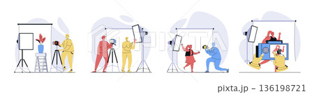 Photo studio concept set in flat design for web. Collection with people getting photography shot, children posing for portrait, photographer working at shooting in backstage. Vector illustrations. 136198721