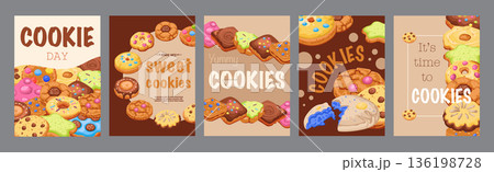 Cookie day typography template posters. Vertical covers with homemade sweets with chips, delicious desserts, bakery and pastry menu. Modern banners set in minimalism design. Vector illustration. 136198728
