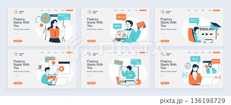Studying foreign language concept of landing page with slide templates set in flat design. Website headers with people learning english, spanish, japanese at online courses. Vector illustrations. 136198729