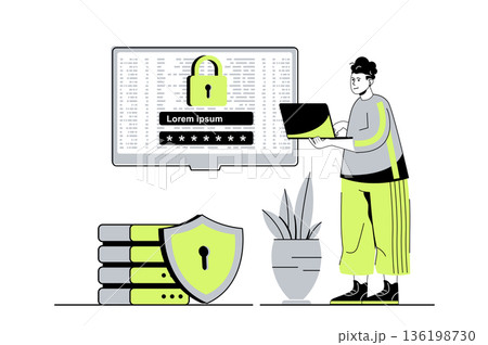 Cyber security web concept with flat cartoon people for website design. Man getting access to personal internet account using password shield and online encryption secure system. Vector illustration. 136198730