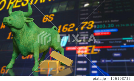 Green Bull Market Symbol With Gold Bars And Rising Stock Chart 3d render. 136198732