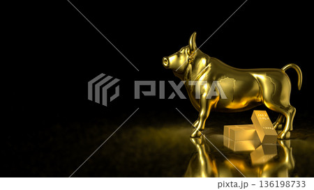 Golden Bull Market Symbol With Gold Bars On Black Background 3d render. 136198733