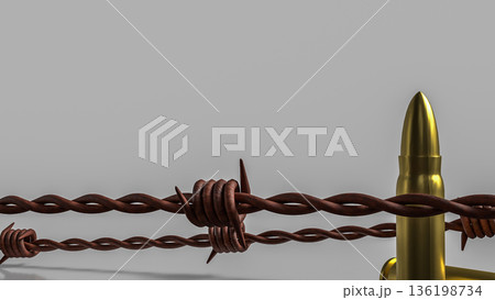 Bullets Trapped in Barbed Wire Concept of Conflict and Restriction 3d render. Bullets Trapped in Barbed Wire Concept of Conflict and Restriction 3d render. 136198734
