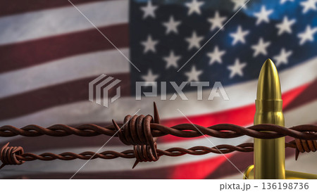 Golden Bullets and Barbed Wire Over United States Flag Concept 3d render. 136198736