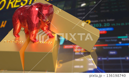 Red Bear Market Symbol On Gold Bars With Falling Stock Chart 3d render. Red Bear Market Symbol On Gold Bars With Falling Stock Chart 3d render. 136198740
