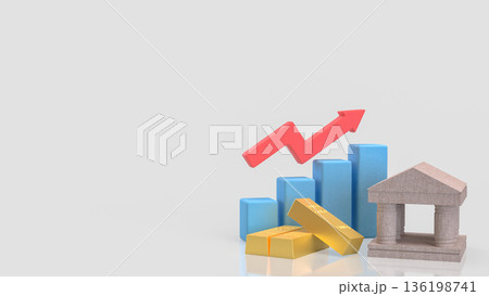 Gold Investment Growth Concept With Bank Building And Rising Chart 3d render. Gold Investment Growth Concept With Bank Building And Rising Chart 3d render. 136198741
