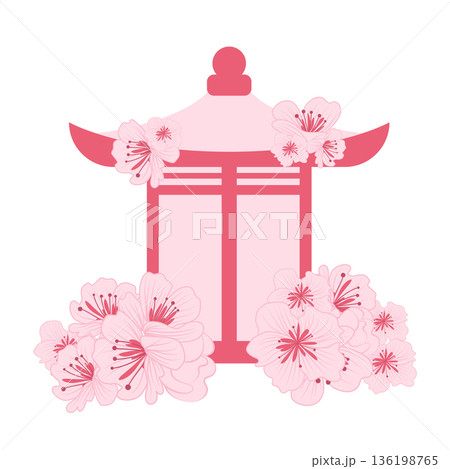 Japanese pagoda with sakura flowers in flat design. Gazebo with blossoms. Vector illustration isolated. Japanese pagoda with sakura flowers in flat design. Gazebo with blossoms. Vector illustration isolated. 136198765