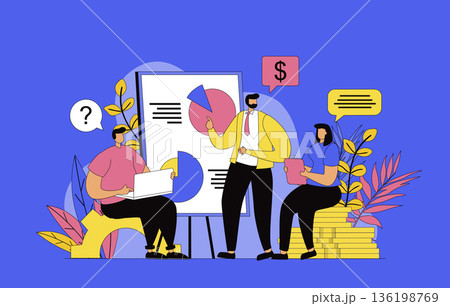 Business training concept with modern flat design for web. Colleagues listening to coach at business meeting, improving and learning professional skills for career development. Vector illustration. Business training concept with modern flat design for web. Colleagues listening to coach at business meeting, improving and learning professional skills for career development. Vector illustration. 136198769