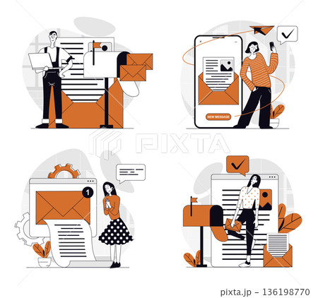 Email service concept set in flat design for web. Collection with people connecting online by electronic letters, sending emails at phone app or laptop, receiving notifications. Vector illustrations. 136198770