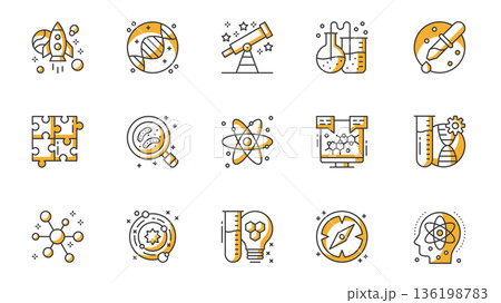 Science icons set in outline stroke design for web. Pack line pictograms with space rocket, astronomy, genetic research, telescope, chemical test, microbiology, physics, other. Vector illustration. 136198783