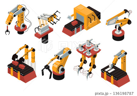 Robot automation 3d isometric mega set in isometry graphic design. Collection elements of different types robotic arms and tools for automatic manufacturing and conveyer lines. Vector illustration. 136198787