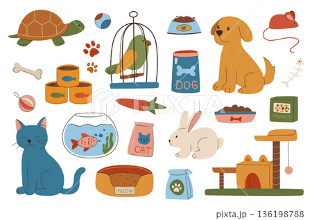 Pet supplies set in flat graphic design. Collection isolated elements of turtle, parrot, dog, cat, rabbit, cage, toy, canned food, bone, carrot, aquarium fish, bed, house, other. Vector illustration. Pet supplies set in flat graphic design. Collection isolated elements of turtle, parrot, dog, cat, rabbit, cage, toy, canned food, bone, carrot, aquarium fish, bed, house, other. Vector illustration. 136198788