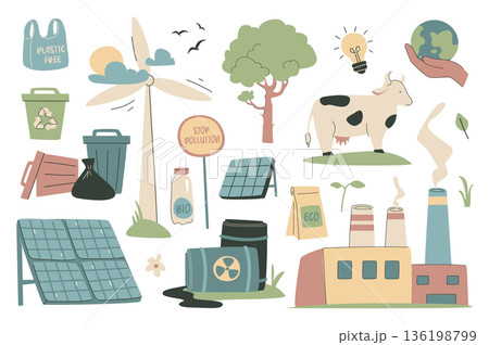 Ecology set in flat graphic design. Collection isolated elements of bag plastic free, recycling waste, solar panel, wind turbine, forest tree, local farm, support earth, other. Vector illustration. 136198799